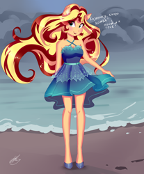 Size: 2488x3000 | Tagged: safe, artist:xjenn9, sunset shimmer, anthro, beach, blushing, breasts, clothes, dialogue, dress, female, open mouth, solo, solo female