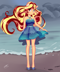 Size: 2488x3000 | Tagged: safe, artist:xjenn9, sunset shimmer, anthro, beach, blushing, breasts, cleavage, clothes, dress, female