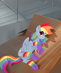 Size: 1500x1796 | Tagged: safe, artist:xjenn9, rainbow dash, pony, clothes, female, mare, on side, one eye closed, socks, striped socks