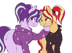 Size: 1890x1417 | Tagged: safe, artist:stardep, imported from twibooru, starlight glimmer, sunset shimmer, pony, unicorn, alternate hairstyle, clothes, cutie mark, female, females only, grin, hoodie, horn, image, looking back, mare, png, ponytail, simple background, smiling, tail, transparent background