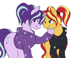 Size: 1890x1417 | Tagged: safe, alternate version, artist:stardep, imported from twibooru, starlight glimmer, sunset shimmer, pony, unicorn, alternate hairstyle, clothes, cutie mark, female, females only, grin, hoodie, horn, image, looking back, mare, png, ponytail, simple background, smiling, tail, transparent background