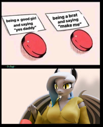 Size: 934x1150 | Tagged: safe, artist:dangerousdpad, oc, oc only, anthro, bat pony, 3d, bat pony oc, bat wings, breasts, clothes, dialogue, female, meme, wings