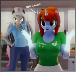 Size: 2000x1904 | Tagged: safe, artist:dangerousdpad, oc, oc only, oc:sugar surge, anthro, bat pony, 3d, bat pony oc, bat wings, breasts, clothes, dialogue, duo, duo female, female, hat, nurse hat, shirt, text, wings