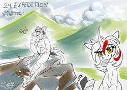 Size: 1600x1130 | Tagged: safe, artist:sunny way, imported from derpibooru, oc, oc:alirfesta felastis, oc:sunny way, anthro, horse, ki'rinaes, original species, anthro horse, art, artwork, backpack, digital art, duo, eating, expedition, female, food, furry, inktober, inktober 2024, mare, sit, sketch, tired