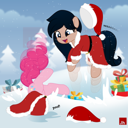 Size: 1000x1000 | Tagged: safe, artist:jhayarr23, imported from derpibooru, pinkie pie, oc, oc:crescend cinnamon, pony, christmas, hat, holiday, motion blur, santa hat, snow, watermark