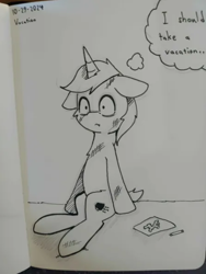 Size: 446x593 | Tagged: safe, artist:taurson, imported from derpibooru, oc, oc only, oc:coffee, pony, unicorn, floppy ears, grayscale, horn, male, monochrome, oc-tober, pen drawing, sitting, solo, stallion, thought bubble, traditional art