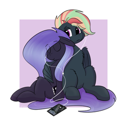 Size: 2689x2689 | Tagged: safe, artist:single purpose, imported from derpibooru, oc, oc only, oc:kyradeen, oc:treading step, earth pony, pegasus, duo, eyes closed, headphones, hug, passepartout, phone, sitting, winghug, wings