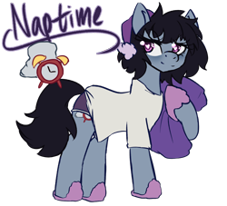 Size: 3300x3000 | Tagged: safe, artist:anonymous, imported from twibooru, oc, oc only, oc:naptime, bat pony, pony, female, hat, image, looking at you, mare, nightcap, pillow, png, reference sheet, secret santa, simple background, solo, transparent background