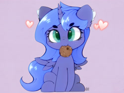 Size: 4000x3000 | Tagged: safe, artist:zokkili, imported from derpibooru, princess luna, alicorn, pony, :3, cookie, ear fluff, eyebrows, eyebrows visible through hair, female, filly, filly luna, food, heart, high res, horn, looking at you, mouth hold, signature, sitting, smiling, smiling at you, solo, spread wings, tail, wings, woona, younger