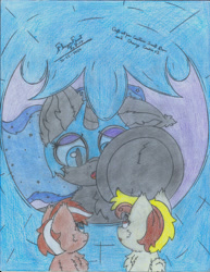 Size: 2550x3295 | Tagged: safe, artist:fliegerfausttop47, derpibooru exclusive, imported from derpibooru, nightmare moon, princess luna, oc, oc:cherry cookie, oc:countess sweet bun, alicorn, earth pony, pegasus, blue eyes, brown coat, brown eyes, brown mane, colored pencil drawing, cute, earth pony oc, ethereal mane, female, frog (hoof), gift art, hoof shoes, it's coming right at us, looking at each other, looking at someone, looking at you, low angle, macro, macro/micro, micro, mlp fim's fourteenth anniversary, nervous, open mouth, pegasus oc, pencil drawing, perspective, shocked, sitting, slit pupils, starry mane, traditional art, trio, trio female, underhoof, wings, worried, yellow coat, yellow mane