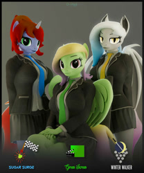 Size: 1666x2000 | Tagged: safe, artist:dangerousdpad, oc, oc only, oc:green screen, oc:sugar surge, anthro, bat pony, 3d, bat pony oc, bat wings, breasts, clothes, female, looking at you, trio, trio female, tuxedo, wings