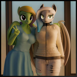 Size: 2000x2000 | Tagged: safe, artist:dangerousdpad, oc, oc only, oc:green screen, anthro, bat pony, 3d, bat pony oc, bat wings, breasts, clothes, female, happy, looking at you, wings