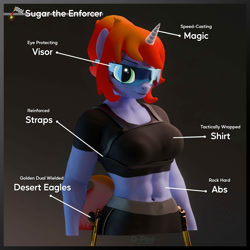 Size: 2000x2000 | Tagged: safe, artist:dangerousdpad, oc, oc only, oc:sugar surge, anthro, 3d, breasts, clothes, female, solo, solo female, text, visor