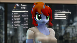 Size: 2000x1125 | Tagged: safe, artist:dangerousdpad, oc, oc only, oc:sugar surge, anthro, 3d, breasts, clothes, female, freckles, solo, solo female, stats