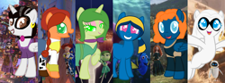 Size: 2030x755 | Tagged: safe, artist:whitematilda16, imported from derpibooru, applejack, fluttershy, pinkie pie, rainbow dash, rarity, twilight sparkle, alicorn, pegasus, pony, unicorn, bandana, base used, brave (movie), clothes, coco (disney movie), cosplay, costume, cowboy hat, cowgirl, disgust (inside out), disney, dory, e.v.e., female, finding dory, finding nemo, hat, horn, imelda rivera, inside out, jessie, jessie (toy story), mane six, mare, merida, pixar, ponified, smiling, toy story, twilight sparkle (alicorn), underwater, wall-e, water