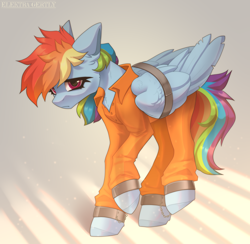 Size: 2770x2700 | Tagged: safe, artist:elektra-gertly, imported from derpibooru, rainbow dash, bound wings, clothes, commissioner:rainbowdash69, jumpsuit, never doubt rainbowdash69's involvement, prison outfit, prisoner, prisoner rd, sad, shackles, solo, wings