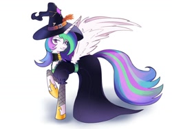 Size: 1280x960 | Tagged: safe, artist:lipona, imported from derpibooru, princess celestia, alicorn, pony, clothes, colorful, costume, dress, female, gameloft, halloween, halloween costume, hat, holiday, horn, jewelry, necklace, purple eyes, raised hoof, simple background, smiling, smirk, solo, tall, wings