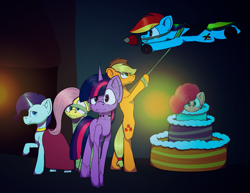 Size: 1003x774 | Tagged: safe, artist:cotarsis, imported from derpibooru, applejack, fluttershy, pinkie pie, rainbow dash, rarity, twilight sparkle, earth pony, pegasus, pony, unicorn, cake, cutiemarking, food, horn, mane six, mlp fim's fourteenth anniversary