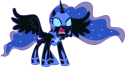 Size: 650x348 | Tagged: safe, anonymous artist, imported from derpibooru, nightmare moon, alicorn, pony, .svg available, angry, ethereal mane, eyelashes, female, full body, helmet, hoof shoes, horn, mare, mlp fim's fourteenth anniversary, peytral, simple background, solo, spread wings, starry mane, svg, transparent background, vector, wings