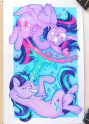 Size: 1097x1536 | Tagged: safe, artist:thunderball, imported from derpibooru, starlight glimmer, twilight sparkle, alicorn, pony, female, glowing, glowing horn, horn, mare, photo, solo, traditional art, twilight sparkle (alicorn), wings