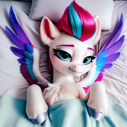 Size: 4096x4096 | Tagged: safe, imported from derpibooru, zipp storm, pegasus, pony, ai content, ai generated, bed, blanket, blushing, chest fluff, female, g5, lying down, mare, on back, on bed, pillow, solo, spread wings, unshorn fetlocks, wings