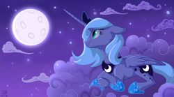 Size: 2700x1500 | Tagged: safe, artist:thunderball, imported from derpibooru, princess luna, alicorn, pony, cloud, female, lying down, lying on a cloud, mare, moon, night, night sky, on a cloud, s1 luna, sky, solo, wings