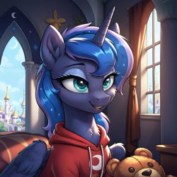 Size: 1024x1024 | Tagged: safe, imported from derpibooru, princess luna, alicorn, ai content, ai generated, canterlot castle, clothes, ear fluff, generator:pony diffusion v6 xl, generator:stable diffusion, hoodie, indoors, makeup, plushie, prompter:thelight3d, solo, teddy bear, window, wings