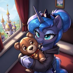 Size: 1024x1024 | Tagged: safe, imported from derpibooru, princess luna, alicorn, ai content, ai generated, bedroom, canterlot castle, clothes, day, generator:pony diffusion v6 xl, generator:stable diffusion, hoodie, indoors, makeup, overhead view, plushie, prompter:thelight3d, solo, teddy bear, window, wings