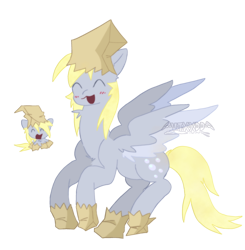 Size: 2322x2373 | Tagged: safe, artist:vtxxdd, imported from derpibooru, derpy hooves, pegasus, pony, bag, blush lines, blushing, clothes, costume, eyes closed, happy, nightmare night costume, open mouth, paper bag, paper bag wizard, simple background, solo, spread wings, transparent background, wings