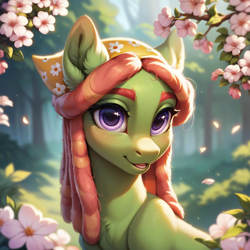 Size: 1024x1024 | Tagged: safe, imported from derpibooru, tree hugger, earth pony, pony, ai content, ai generated, dreadlocks, flower, forest, generator:pony diffusion v6 xl, generator:stable diffusion, nature, outdoors, prompter:teonanakatle, solo, tree