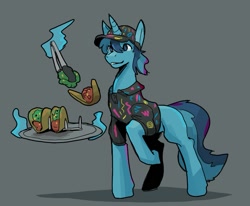 Size: 1117x921 | Tagged: safe, artist:double-zr-tap, imported from derpibooru, oc, oc only, oc:rocky blues, unicorn, commission, commissioner:legionofblues, food, hat, horn, male, polo shirt, retro, sketch, stallion, taco, taco tuesday, tongs, unicorn oc