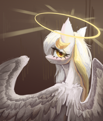 Size: 4000x4700 | Tagged: safe, artist:anastas, imported from derpibooru, oc, oc only, oc:gold.de, pegasus, pony, gift art, gradient background, halo, looking at you, looking back, solo, sternocleidomastoid