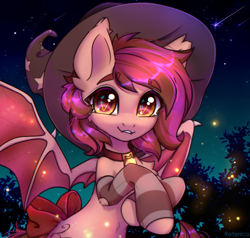 Size: 4000x3800 | Tagged: safe, artist:radioaxi, imported from derpibooru, oc, oc only, oc:velvet silverwing, bat pony, pony, bat pony oc, bat wings, bell, bell collar, collar, female, hat, high res, looking at you, mare, night, night sky, outdoors, shooting star, sky, smiling, smiling at you, solo, stars, wings, witch hat