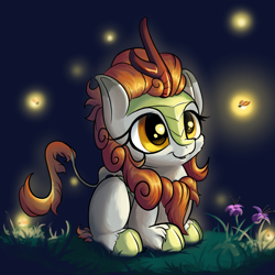 Size: 1800x1800 | Tagged: safe, artist:rocket-lawnchair, imported from derpibooru, autumn blaze, firefly (insect), insect, kirin, awwtumn blaze, cloven hooves, cute, female, grass, horn, leonine tail, lying down, mare, ponyloaf, prone, smiling, solo, tail, unshorn fetlocks