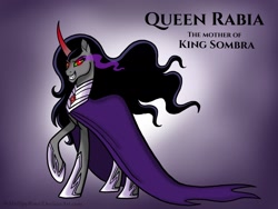 Size: 2048x1536 | Tagged: safe, artist:melspyrose, imported from derpibooru, king sombra, rabia, umbrum, cape, clothes, female, implied king sombra, jewelry, mother, queen umbra, regalia, rule 63, sombra eyes, text, wavy mane