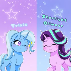 Size: 2048x2048 | Tagged: safe, artist:zeon_starlight, imported from derpibooru, starlight glimmer, trixie, pony, unicorn, blushing, duo, duo female, eyes closed, female, gradient background, high res, horn, mare, one eye closed, smiling