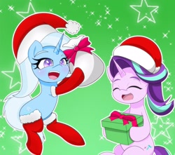 Size: 2048x1807 | Tagged: safe, artist:zeon_starlight, imported from derpibooru, starlight glimmer, trixie, pony, unicorn, blushing, christmas, duo, duo female, eyes closed, female, gradient background, hat, holiday, horn, mare, open mouth, santa hat