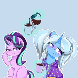 Size: 2048x2048 | Tagged: safe, artist:zeon_starlight, imported from derpibooru, starlight glimmer, trixie, pony, alternate hairstyle, babysitter trixie, blushing, clothes, coffee, coffee pot, duo, duo female, female, gameloft, glowing, glowing horn, high res, hoodie, horn, levitation, magic, magic aura, mare, mug, my little pony: magic princess, telekinesis