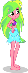 Size: 1484x3829 | Tagged: safe, alternate version, artist:dustinwatsongkx, imported from derpibooru, lemon zest, human, equestria girls, armpits, bare arms, bare legs, bare shoulders, barefoot, beads, bikini, bikini top, blue eyeshadow, clothes, clothes swap, cute, diamonds, eyeshadow, feet, female, golden eyes, green hair, grin, hand on hip, how do i look?, makeup, midriff, rarity's blue sarong, rarity's purple bikini, sarong, side view, simple background, skirt, sleeveless, smiling, solo, swimsuit, swimsuit swap, teeth, transparent background, turned head, zestabetes