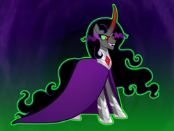 Size: 2048x1536 | Tagged: safe, artist:melspyrose, idw, imported from derpibooru, king sombra, rabia, umbrum, background used, curved horn, description, evil, evil grin, grin, horn, idw showified, jewelry, queen umbra, regalia, rule 63, sharp teeth, smiling, sombra eyes, teeth