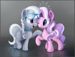 Size: 2183x1653 | Tagged: safe, artist:scootiebloom, imported from derpibooru, diamond tiara, silver spoon, earth pony, pony, duo, duo female, female, filly, foal, glasses, jewelry, looking at each other, looking at someone, necklace, one eye closed, open mouth, open smile, raised hoof, smiling, smiling at each other, tail, tiara