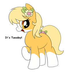 Size: 1024x1024 | Tagged: safe, imported from derpibooru, oc, oc only, oc:tuesday, pony, drawthread, female, female oc, flower, flower in hair, looking at you, mare, mare oc, open mouth, open smile, ponified, pony oc, raised hoof, requested art, simple background, smiling, solo, transparent background, weekday ponies