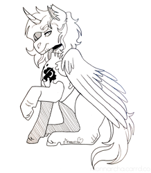 Size: 2256x2589 | Tagged: safe, artist:monnarcha, imported from derpibooru, oc, oc only, alicorn, pony, alicorn oc, horn, solo, torn ear, wings