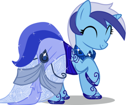 Size: 960x792 | Tagged: safe, artist:amexraibu, imported from derpibooru, minuette, pony, unicorn, clothes, dress, eyes closed, horn, raised hoof, simple background, smiling, solo, white background