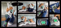 Size: 4304x1960 | Tagged: safe, artist:purplenebulastudios, imported from derpibooru, oc, oc:littlepip, pony, unicorn, fallout equestria, clothes, female, horn, irl, jumpsuit, lying down, mare, photo, pipbuck, plushie, prone, solo, vault suit