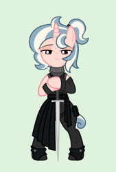 Size: 2480x3668 | Tagged: safe, artist:return 0, imported from derpibooru, oc, oc only, oc:vivi poff, pony, unicorn, clothes, horn, show accurate, solo, sword, weapon