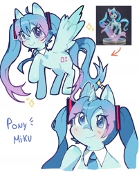 Size: 1240x1540 | Tagged: safe, artist:koasku, imported from derpibooru, pegasus, pony, unicorn, ahoge, anime, blushing, clothes, detached collar, female, full body, gradient hair, hairclip, hatsune miku, horn, long hair, looking at you, mare, multiple views, necktie, ponified, raised hoof, reference used, simple background, smiling, sparkles, spread wings, text, upper body, vocaloid, white background, wings