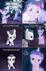 Size: 1989x3072 | Tagged: safe, artist:anonymousandrei, derpibooru exclusive, imported from derpibooru, rumble, tree of harmony, twilight sparkle, alicorn, pegasus, pony, comic:rumble and the tree of harmony, bedroom eyes, cave, colt, comic, dialogue, duo, female, floppy ears, foal, male, mare, talking, treelight sparkle, twilight sparkle (alicorn)