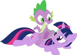 Size: 3471x2495 | Tagged: safe, artist:porygon2z, imported from derpibooru, spike, twilight sparkle, dragon, pony, unicorn, amused, duo, duo male and female, female, full body, high res, horn, looking at each other, looking at someone, lying down, male, mare, prone, sheepish grin, simple background, sitting on, sitting on person, sitting on pony, smiling, smiling at each other, transparent background, unicorn twilight, vector