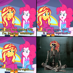 Size: 2896x2896 | Tagged: safe, imported from derpibooru, pinkie pie, sunset shimmer, human, equestria girls, basement, bone, caption, clothes, comic, dialogue, equestria girls specials, female, human sunset, implied death, meme, my little pony equestria girls: sunset's backstage pass, pajamas, skeleton, text